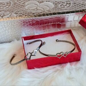 Set Of 2 Silver Heart Bangle Bracelets
